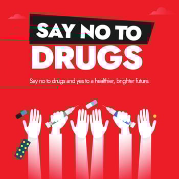 Say no to Drugs. 26th June World Drug day banner with white silhouette hands holding syringes, pills. The day is to strengthen action and cooperation in achieving the goal of world free of drug abuse vector