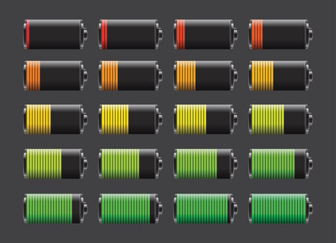 Set of batteries with different charge levels. Battery life, accumulator, battery running low, battery recharging. vector