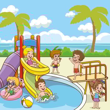 cute kids having fun in swimming pool at summer camp. Children having fun in backyard. Kids playing in swimming pool outdoors. Summer camp activities with water splash. Summer background. vector