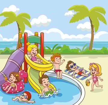 cute kids having fun in swimming pool at summer camp. Children having fun in backyard. Kids playing in swimming pool outdoors. Summer camp activities with water splash. Summer background. vector