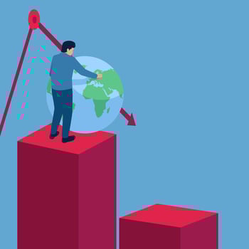 Man holds globe on top of graph so it doesn't fall down, illustration for global crisis. vector