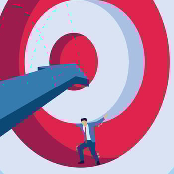 Man holding big circle when arrow comes hitting him, illustration under pressure. vector