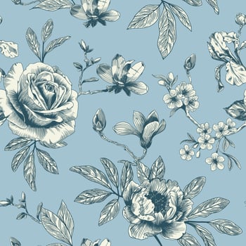 Abstract modern floral seamless pattern with hand drawn flower in Toile de jouy style. Retro elegance repeat print. Vintage design for fabric, wallpaper or wrapping vector