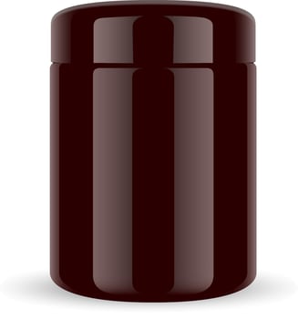 Brown Jar Isolated. Amber Cosmetic Bottle Mockup. Illustration of Realistic Round 3d Container for Sport Treatment, Cream, Nutrition, Vitamin. Gloss Glass Or Plastic Premium Package. vector