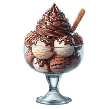 Generated Ai Chocolate ice cream sundae topped with syrup and sprinkles png