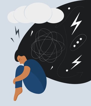 Depressed teen girl or woman with flowing hair. Mental illness. Illustration of mental health concept. vector