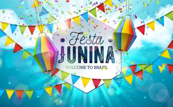 Festa Junina Illustration with Party Flags and Paper Lantern on Blue Cloudy Background. Brazil June Traditional Holiday Festival Design for Celebration Banner, Greeting Card, Invitation or vector