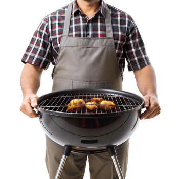 A man is holding a grill with a spatula and apron on png