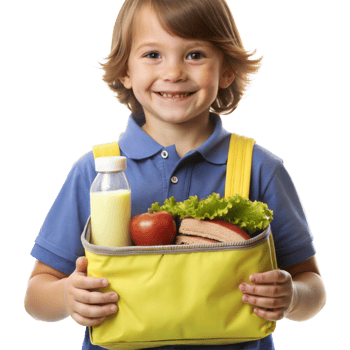A young boy is holding a yellow lunch box with a variety of food items png