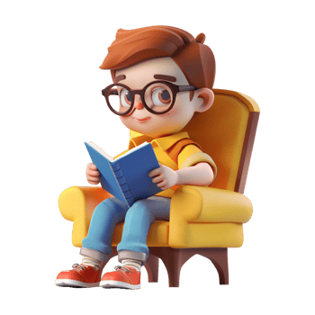 A boy wearing glass sitting on a chair and holding book on his hand png