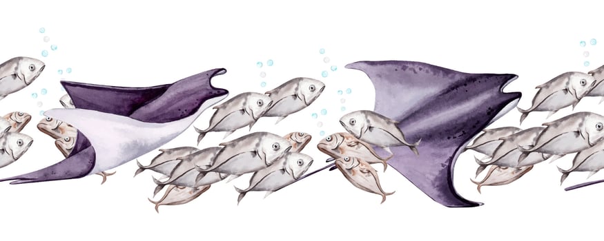 Purple manta rays swimming with a school of fish. Seamless border sea underwater world coral reef design. Hand drawn watercolor illustration isolated on white background. For ocean web banners or tape vector