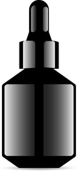 Black Glass Dropper Bottle. Luxury Medical Aroma Oil Vial. Serum Container Cylinder with Eye Drop. Mock Up Isolated on White Background. Realistic Beauty Flask For Face Hygiene. vector