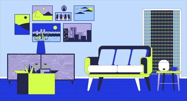 Empty living room furnishing cartoon flat illustration. Staff container and cozy sofa in apartment 2D line interior colorful background. Domestic life comfort scene storytelling image vector
