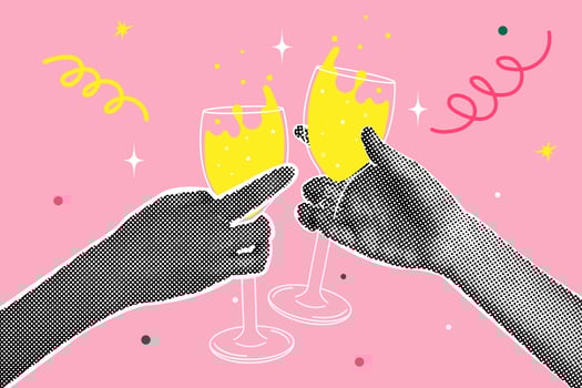 Half-tone collage. Holiday concept, cheerfulness. Human hands with champagne glasses. illustration for greeting card, invitation, web banner, social media banner, marketing material. vector