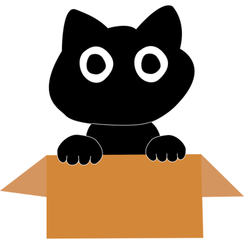 Cute black cat in cardboard box. Cat is looking out of a box. png