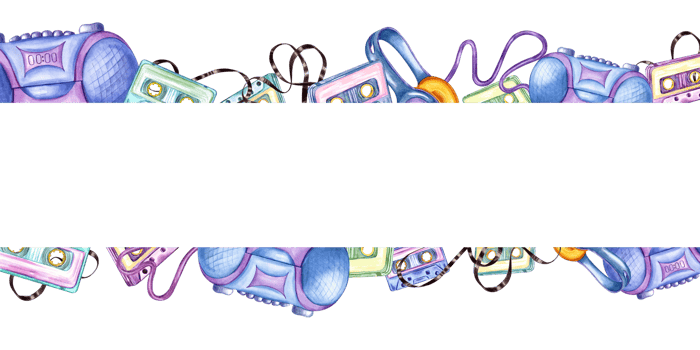 Wired headphones, audio cassettes and tape recorder. Nostalgia for the 90s or 2000s. Boombox with earphones. Music horizontal frame with copy space for text. Color watercolor illustration png