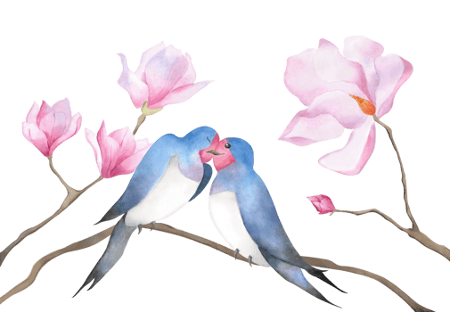 Watercolor kissing swallows couple in pink magnolia branches Floral clipart with two birds in love for Valentine day 2025 decoration baby design romantic poster postcard logo print wallpaper wrapping png