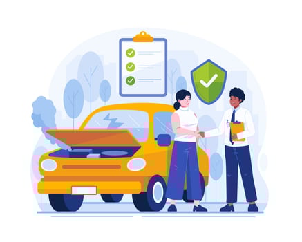 Car Insurance Concept Illustration. A Girl With Her Damaged Car Agrees to Get Insurance Coverage From a Male Agent vector