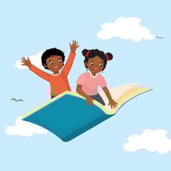 Cute African school kids flying on a big open book in the blue sky vector