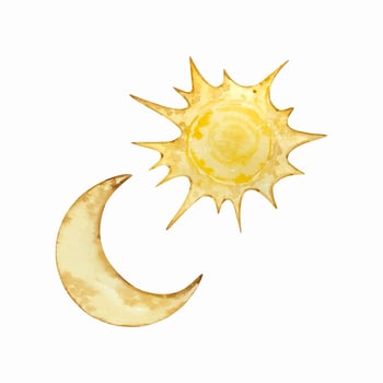 Watercolor moon and sun set, space vector