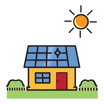 solar energy house with sun and solar panels vector