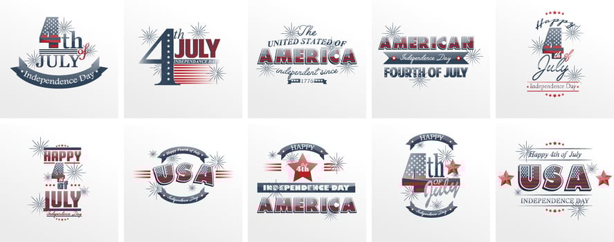 United States of America Logos Vintage set. Independence day national holiday icons collection Blue and red colors USA windy flags. Retro style lettering vector
