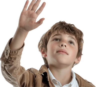 Young boy raising hand in classroom. png
