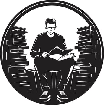 Literary Lounge Student Nestled Among Books Wisdom Whirlpool Student Absorbed in Books Emblem vector