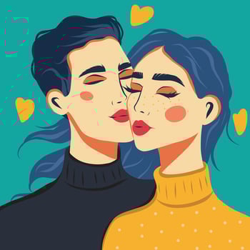 Postcard banner flat style romantic concept man and woman. Couple in love. Two lovers hugging. illustration of the holiday February 14 Valentine's Day vector