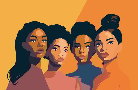banner with place for text March 8 Women's Day, different women stand together. concept movement for gender equality and women's empowerment vector