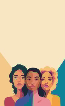 bright flat vertical banner for Women's Day, three different women standing together. concept of movement for gender equality and women's empowerment vector