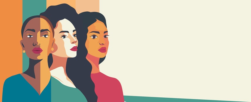 banner with place for text, women of different cultures and nationalities stand together. concept of movement for gender equality and women's empowerment vector