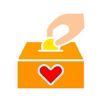 Donation icon. Hand placing coin in box with heart, charity, giving, philanthropy, help, donation, contribution. vector