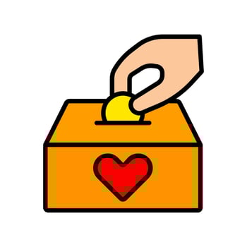 Donation icon. Hand placing coin in box with heart, charity, giving, philanthropy, help, donation, contribution. vector