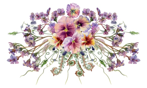 Hand drawn watercolor illustration botanical flowers leaves. Mauve pansy viola, willow eucalyptus, bergenia heliotrope lungwort, forest fern shoot. Bouquet isolated on white. Design wedding, cards vector