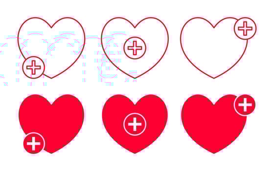 set of red heart icons with plus symbol. vector
