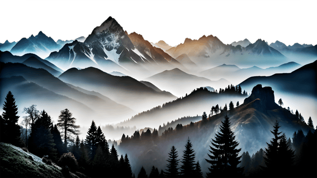 Silhouette Trees Against Cascading Mountains png