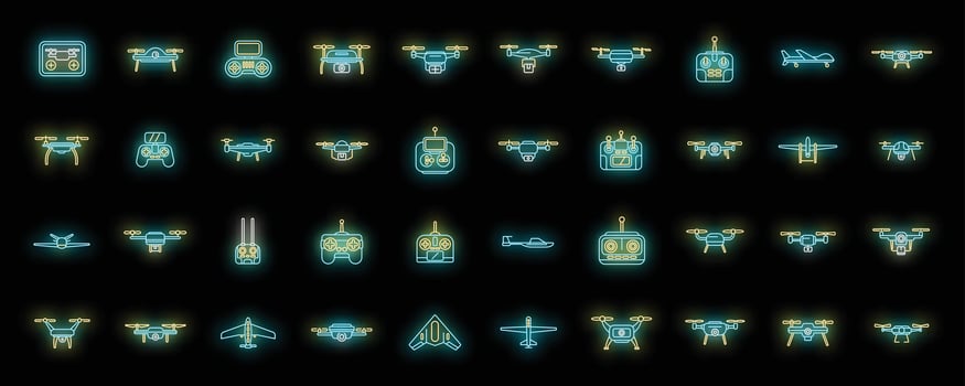 Drone technology icons set neon vector