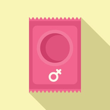 Flat design illustration of a pink condom wrapper with female symbol, on a light background vector
