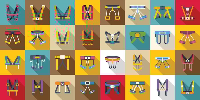 Climbing harness icons set . A collection of safety harnesses in various colors and designs vector