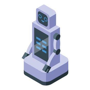 Playful, isometric illustration of a cute cartoon robot with a friendly face and digital screen vector