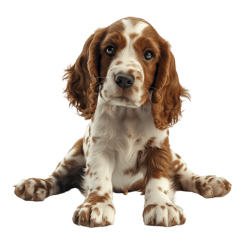 A cute brown and white puppy sitting on the floor on transparent background. png