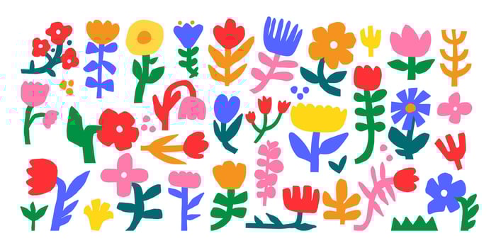 Doodle abstract flowers. Cutout botanic plant. Naive simple flowers and leaves. Cute organic floral shapes. Colorful natural objects. Funny kids garden elements vector