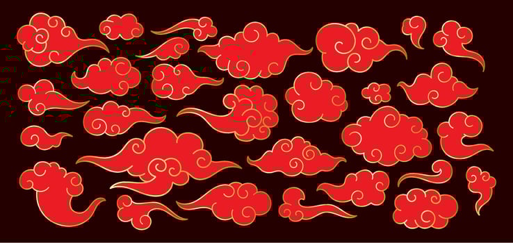 Oriental red clouds. Chinese curling cloudy elements. Traditional Asian festive decorative ornaments, gold linear cloud shape, wind and sky doodle holiday. set vector