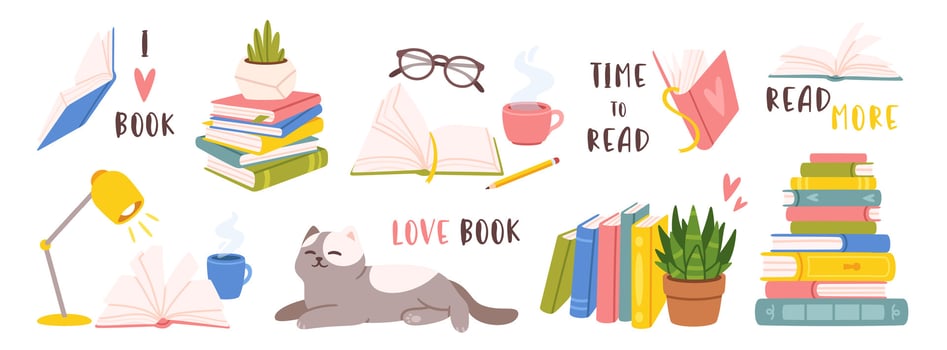 Reading and book. Cartoon colorful elements reading lovers. Open books, stack book, cozy atmosphere, houseplant sleeping cat, glasses cup of tea. set vector