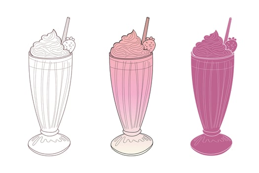 A digital illustration of three strawberry milkshakes. One is in black and white, one is in shades of pink and white, and one is in a deeper shade of pink. All have a straw and strawberry garnish. vector