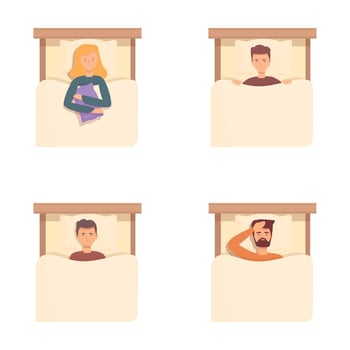 Insomnia icons set cartoon . Annoyed people suffering from insomnia vector