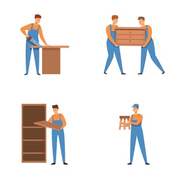 Illustration set showing movers packing, carrying furniture, and organizing shelves vector