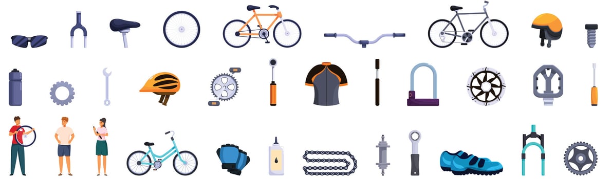 Bicycle store icons set . A collection of bicycle parts and accessories vector