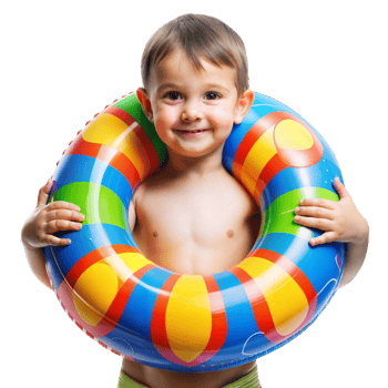 Smiling child with colorful swim ring on transparent background png